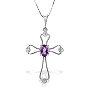 ALARRI 0.57 Carat 14K Solid White Gold Cross Necklace Natural Diamond Amethyst