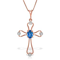 ALARRI 14K Solid Rose Gold Cross Necklace w/ Natural Diamonds & Blue Topaz