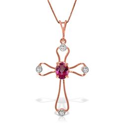 ALARRI 14K Solid Rose Gold Cross Necklace w/ Natural Diamonds & Pink Topaz