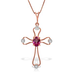 ALARRI 14K Solid Rose Gold Cross Necklace w/ Natural Diamonds & Pink Topaz