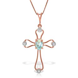 ALARRI 14K Solid Rose Gold Cross Necklace w/ Natural Diamonds & Aquamarine