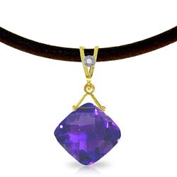 ALARRI 8.76 Carat 14K Solid Gold Leather Necklace Diamond Purple Amethyst
