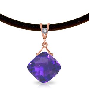 ALARRI 14K Solid Rose Gold & Leather Necklace w/ Diamond & Purple Amethyst