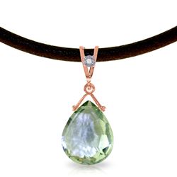 ALARRI 14K Solid Rose Gold & Leather Necklace w/ Diamond & Green Amethyst