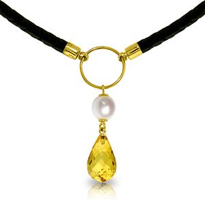 ALARRI 7.5 Carat 14K Solid Gold Leather Necklace Pearl Citrine