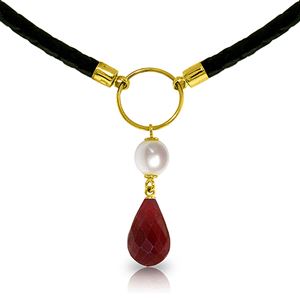 ALARRI 10.8 Carat 14K Solid Gold Leather Necklace Pearl Ruby