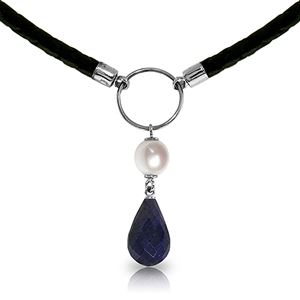 ALARRI 10.8 Carat 14K Solid White Gold Leather Necklace Pearl Sapphire