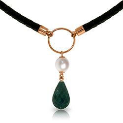 ALARRI 10.8 CTW 14K Solid Rose Gold Leather Necklace Pearl Emerald