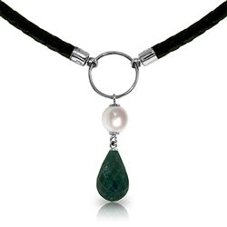 ALARRI 10.8 CTW 14K Solid White Gold Leather Necklace Pearl Emerald