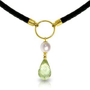 ALARRI 7.5 CTW 14K Solid Gold Leather Necklace Pearl Green Amethyst