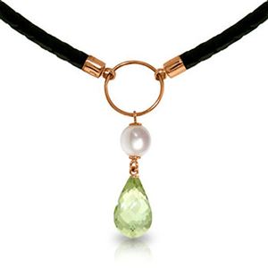 ALARRI 7.5 CTW 14K Solid Rose Gold Leather Necklace Pearl Green Amethyst
