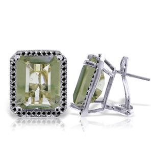 ALARRI 14K Solid White Gold Stud French Clips Earrings w/ Black Diamonds & Green Amethysts