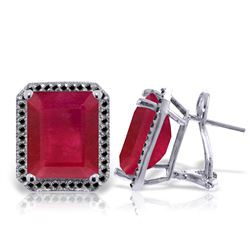 ALARRI 14K Solid White Gold Stud French Clips Earrings w/ Black Diamonds & Rubies