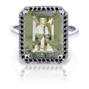 ALARRI 14K Solid White Gold Ring w/ Natural Black Diamonds & Green Amethyst