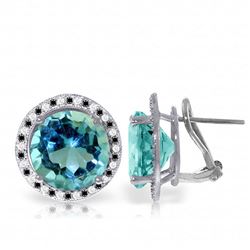 ALARRI 14K Solid White Gold Stud French Clips Earrings Black / White Diamonds & Blue Topaz