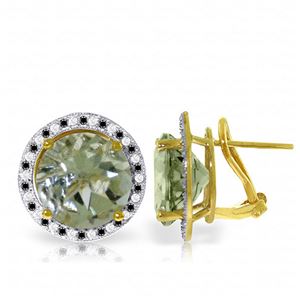 ALARRI 14K Solid Gold Stud French Clips Earrings Black / White Diamond & Green Amethyst