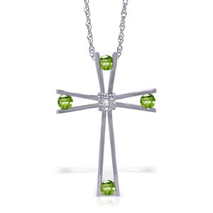 ALARRI 14K Solid White Gold Cross Necklace w/ Natural Diamond & Peridots