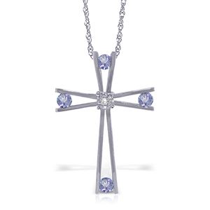 ALARRI 14K Solid White Gold Cross Necklace w/ Natural Diamond & Tanzanites