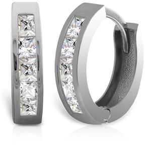 ALARRI 14K Solid White Gold Hoop Huggie Earrings w/ Princess Cut Diamonds