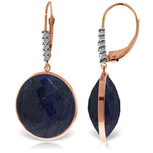 ALARRI 14K Solid Rose Gold Diamonds Leverback Earrings w/ Checkerboard Cut Round Dyed Sapphires