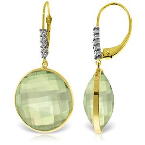 ALARRI 14K Solid Gold Diamonds Leverback Earrings w/ Checkerboard Cut Round Green Amethysts