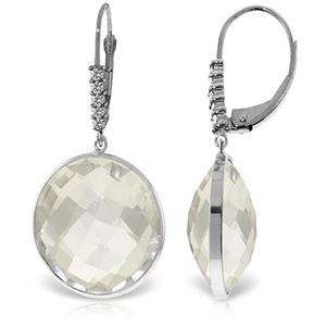 ALARRI 14K Solid White Gold Diamonds Leverback Earrings w/ Checkerboard Cut Round White Topaz