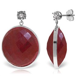 ALARRI 14K Solid White Gold Diamonds Stud Earrings w/ Dangling Checkerboard Cut Round Dyed Rubies