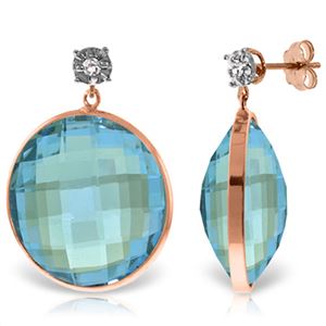 ALARRI 14K Solid Rose Gold Diamonds Stud Earrings w/ Dangling Checkerboard Cut Round Blue Topaz