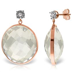 ALARRI 14K Solid Rose Gold Diamonds Stud Earrings w/ Dangling Checkerboard Cut Round White Topaz