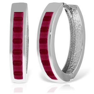 ALARRI 14K Solid White Gold Hoop Huggie Earrings w/ Rubies