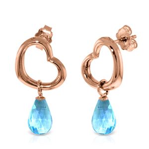 ALARRI 14K Solid Rose Gold Heart Earrings w/ Dangling Natural Blue Topaz