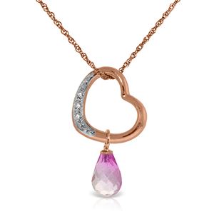 ALARRI 14K Solid Rose Gold Heart Necklace w/ Natural Diamond & Pink Topaz