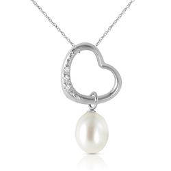 ALARRI 14K Solid White Gold Heart Necklace w/ Natural Diamond & Pearl