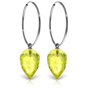 ALARRI 14K Solid White Gold Hoop Earrings w/ Pointy Briolette Drop Lemon Quartz