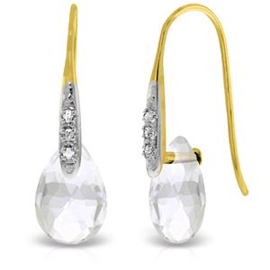 ALARRI 14K Solid Gold Fish Hook Earrings w/ Diamonds & Dangling Briolette White Topaz