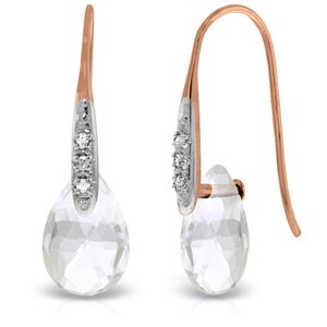 ALARRI 14K Solid Rose Gold Fish Hook Earrings w/ Diamonds & Dangling Briolette White Topaz