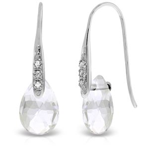 ALARRI 14K Solid White Gold Fish Hook Earrings w/ Diamonds & Dangling Briolette White Topaz
