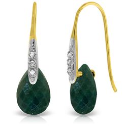 ALARRI 14K Solid Gold Fish Hook Earrings w/ Diamonds & Dangling Dyed Green Sapphires
