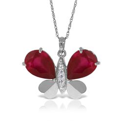 ALARRI 14K Solid White Gold Batterfly Necklace w/ Natural Diamonds & Rubies