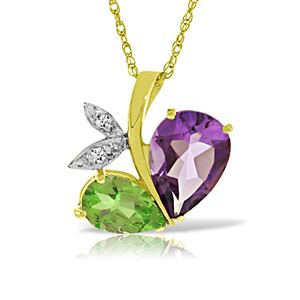 ALARRI 14K Solid Gold Modern Heart Necklace Combination Of Amethyst, Peridot & Diamond