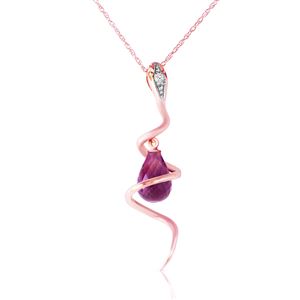 ALARRI 14K Solid Rose Gold Snake Necklace w/ Dangling Briolette Amethyst & Diamond