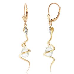 ALARRI 14K Solid Gold Snake Earrings w/ Dangling Briolette White Topaz & Diamonds