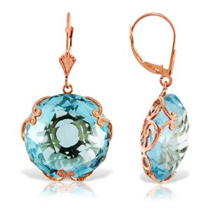 ALARRI 14K Solid Rose Gold Leverback Earrings w/ Checkerboard Cut Round Blue Topaz