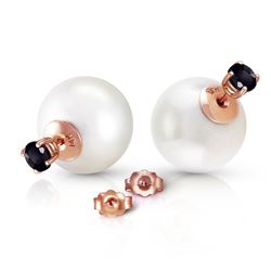 ALARRI 14K Solid Rose Gold Stud 1.0 Carat Natural Black Diamonds & White Shell Pearl Earrings