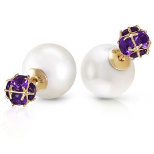 ALARRI 14K Solid Gold Tribal Double Shell Pearls And Amethysts Stud Earrings