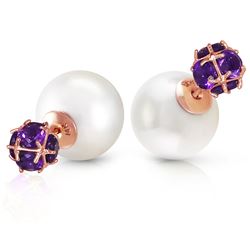 ALARRI 14K Solid Rose Gold Tribal Double Shell Pearls And Amethysts Stud Earrings