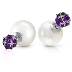 ALARRI 14K Solid White Gold Tribal Double Shell Pearls And Amethysts Stud Earrings