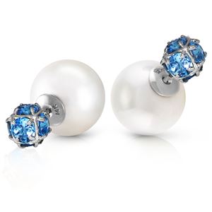 ALARRI 14K Solid White Gold Tribal Double Shell Pearls And Blue Topaz Stud Earrings