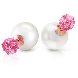ALARRI 14K Solid Rose Gold Tribal Double Shell Pearls And Pink Topaz Stud Earrings