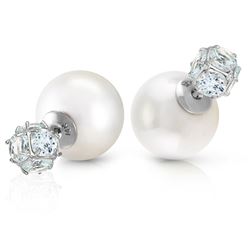 ALARRI 14K Solid White Gold Tribal Double Shell Pearls And Aquamarines Stud Earrings
